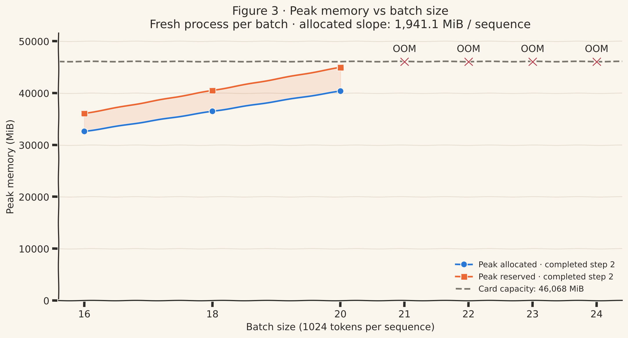 Line chart of peak memory against batch size. Allocated rises from 32,611 MiB at batch 16 to 40,375 at batch 20; reserved rises from 36,072 to 44,948, just under the 46,068 MiB capacity line. Batches 21 to 24 are marked OOM.